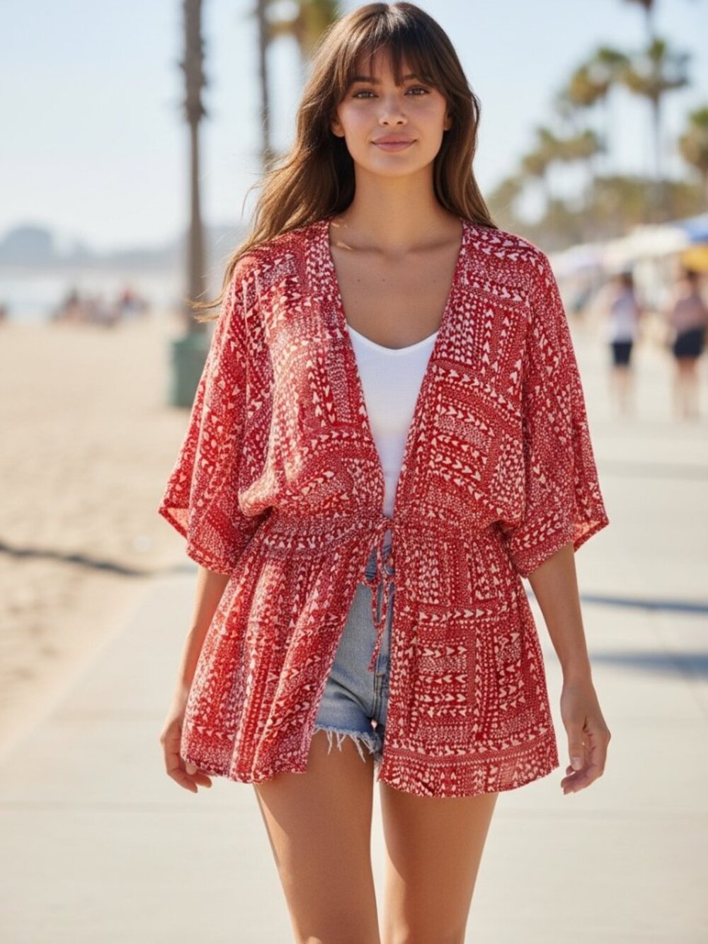 Victoria's Secret Red Heart Print Beach Cover Up Kimono One Size Swim Coverup